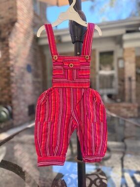 Vintage Striped Pink & Red Girls' Overalls with Pockets, 12-18